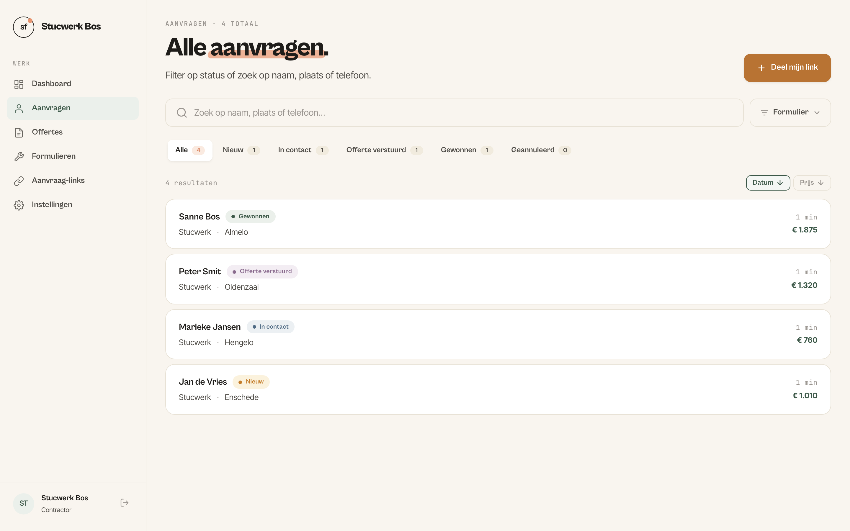 Alle aanvragen overzicht in het dashboard