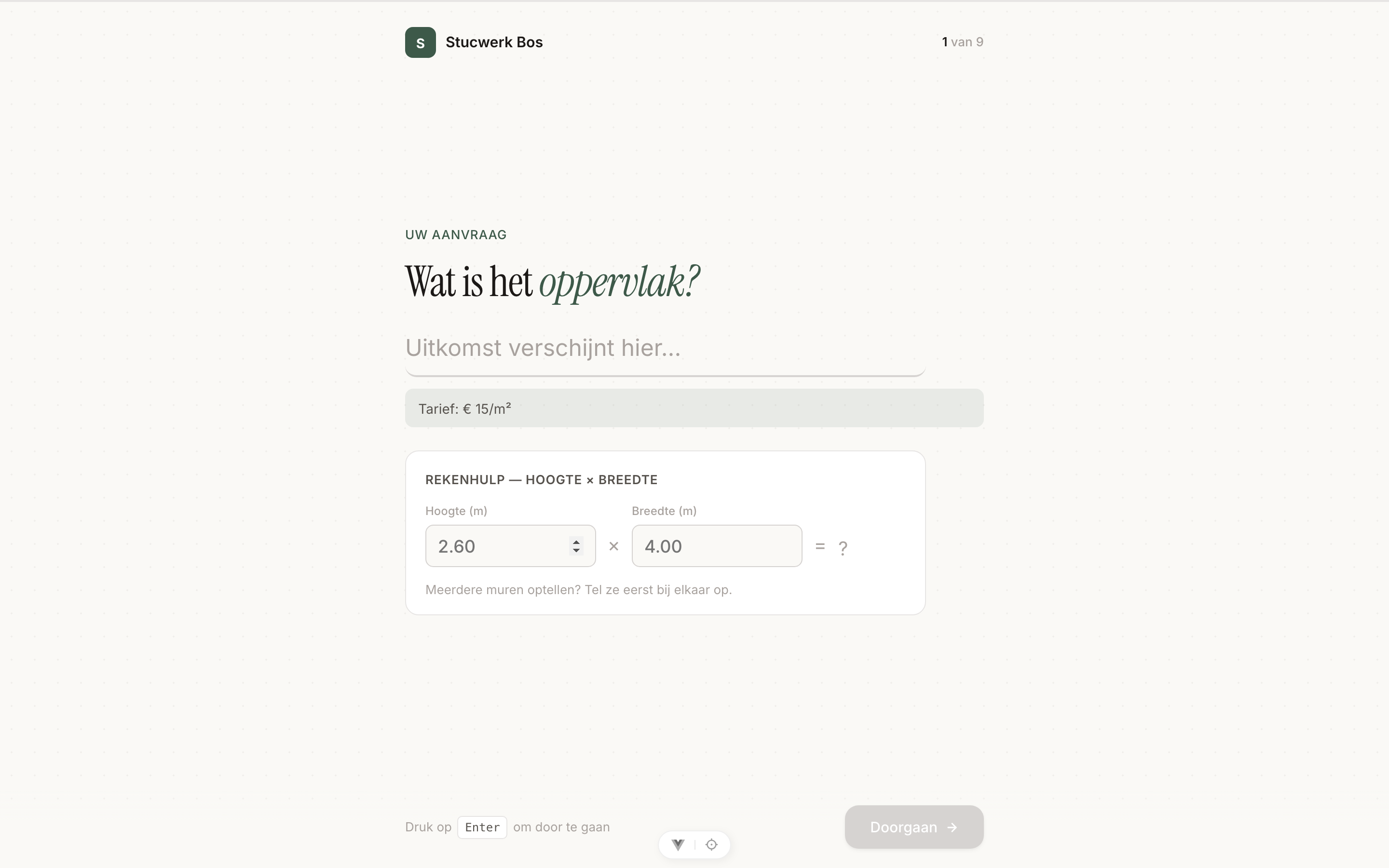 Klant vult LeadGrip-formulier in, rekenhulp berekent automatisch het oppervlak