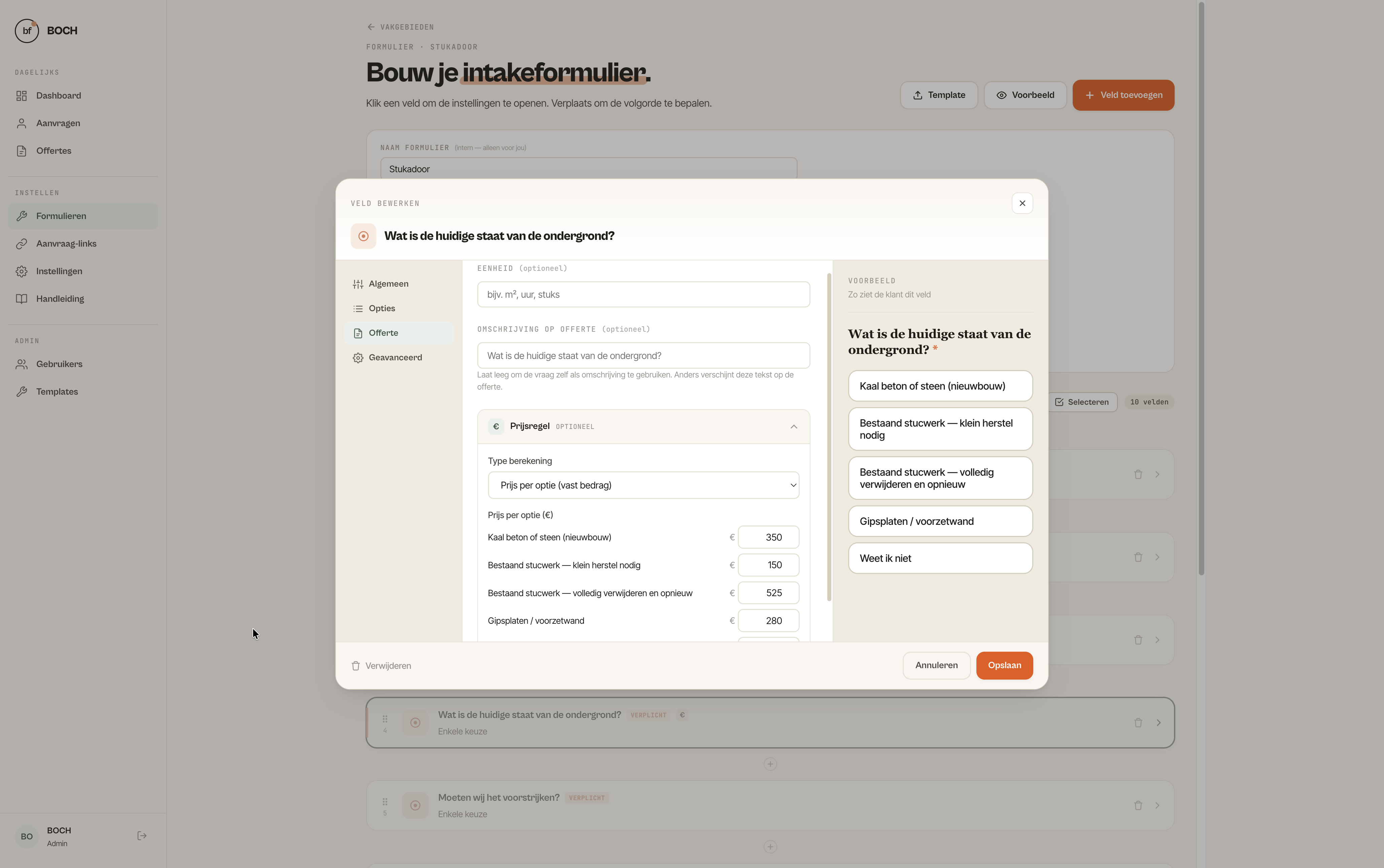 LeadGrip tarieven-editor, prijs per antwoord instellen